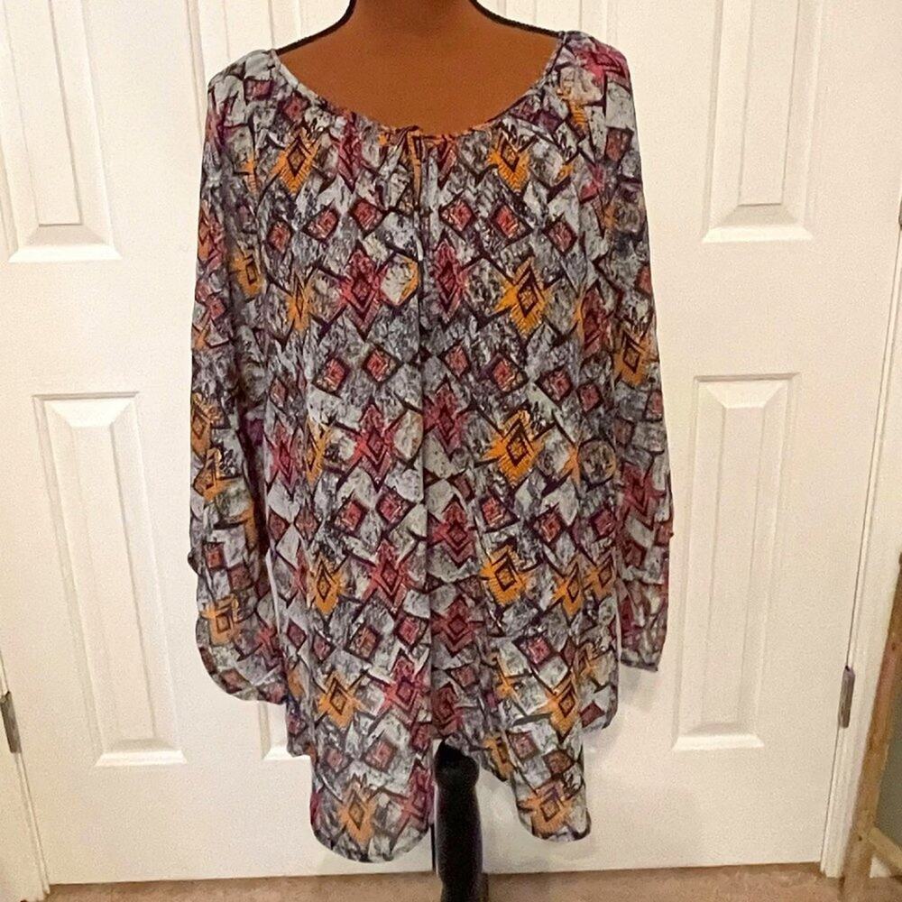 Fucsia Geometric Pattern Tunic Blouse, Size 2X